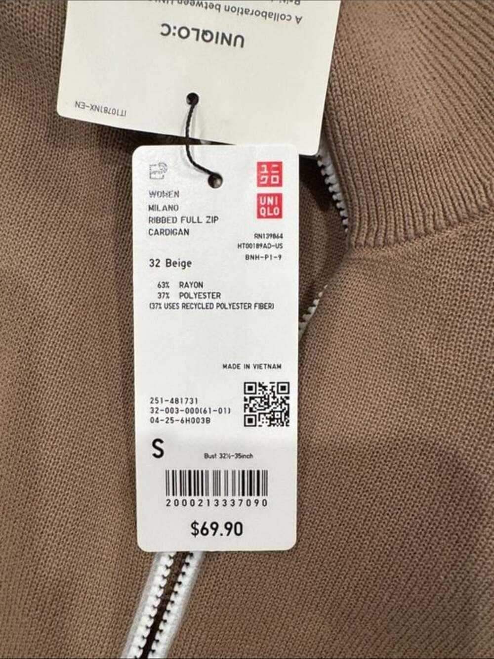 Uniqlo :C women's Milano ribbed full zip cardigan in beige 2026 - Picture 5 of 6